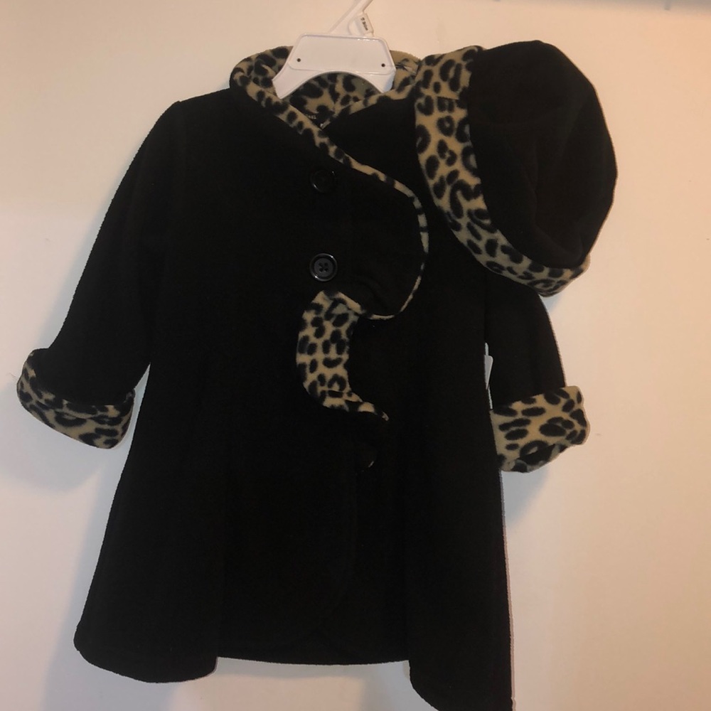 Black Infant winter coat & hat with leopard print